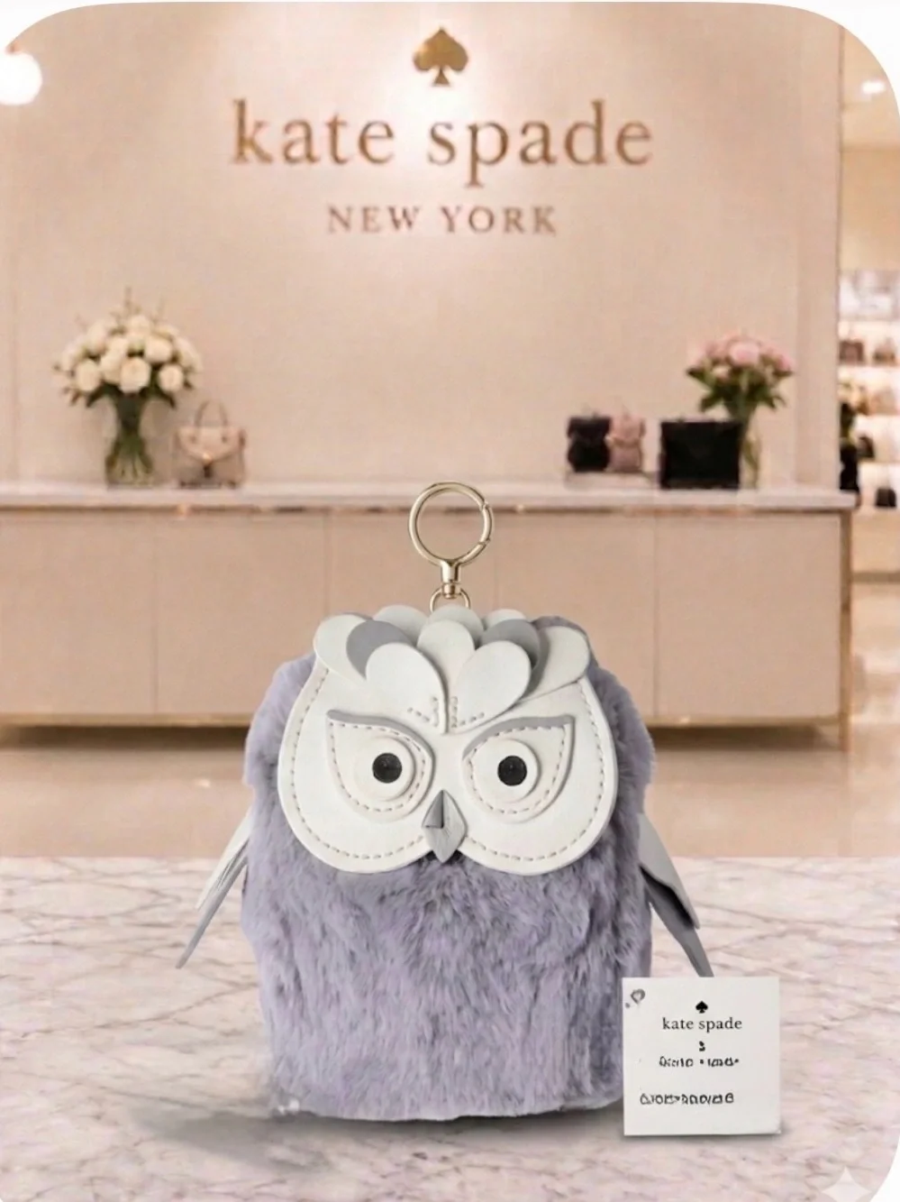 Kate Spade Grey and White Owl Bag charm keychain accessories pouch - NWT